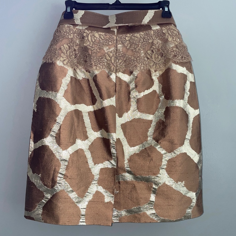 NWT St. John Couture Metallic Silk Lace Giraffe Print Belted A-line Skirt Size 6 - Picture 7 of 14
